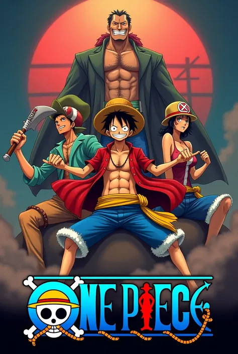 An impactful illustration featuring the main characters from the One Piece TV series (Luffy, Zoro, Nami, Sanji, and Chopper) in a dynamic and adventurous pose. The atmosphere should be intense and thrilling, with rich colors and shadows to add depth and cr...