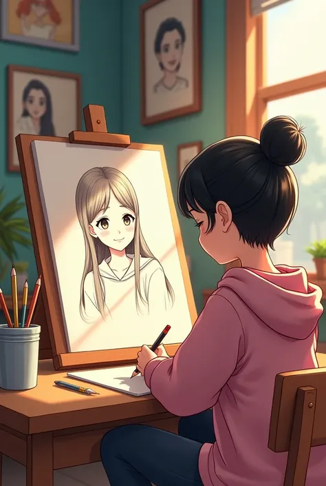 Generate an image of an animated girls back who is sitting on a desk completing a sketch of a girl of which we can see a glimpse of. The girl is wearing a hoody while her hair are in a bun and there are some painting and sketching on the wall 