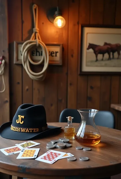 a round table , SCATTERED CARD SET ,  silver coins ,  A GLASS OF WHISKY AND COWBOY HAT WITH THE BADGE "JC" , WOODEN WALL IN THE BACKGROUND WITH A SIGN THAT SAYS " Freshwater ", DETAILS OF A RANCH , HANGING REIN ,  A HORSE SEAT AND A PICTURE WITH AN IMAGE O...