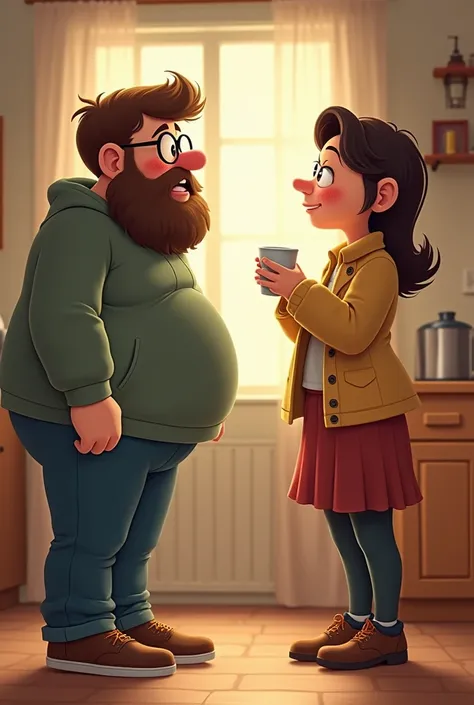 Chubby boy with glasses and beard flirt with moms friend