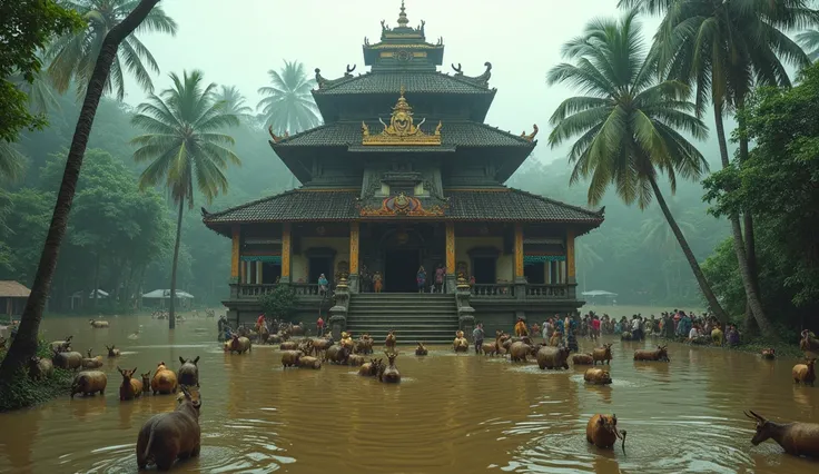 A Single story Kerala temple surrounded by floodwaters, with water reaching the deitys neck. Groups of villagers, ren, and animals are gathered in harmony inside the temple rooms, seeking refuge from the deluge.