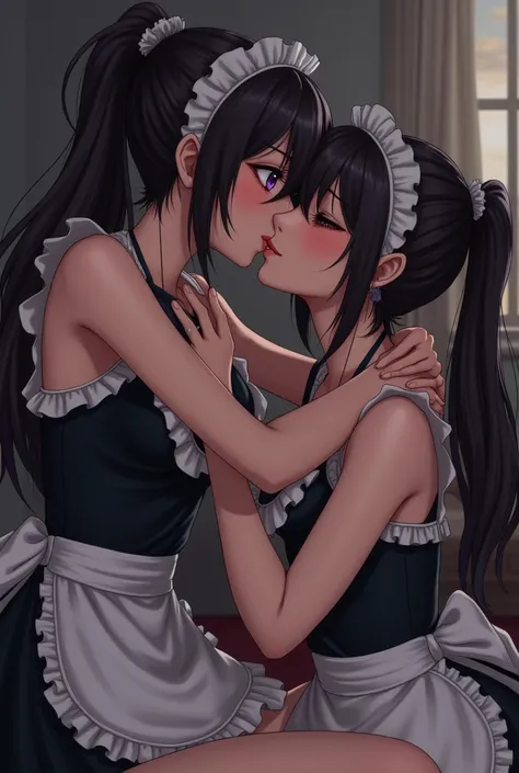  Two maids kissing each other passionately,while one embraces her neck ,for the coffee, purple eyes, brown skin