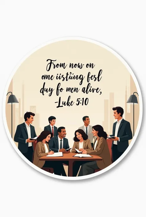 Make me an image for a circular sticker, containing a phrase  "From now on youll be fishing for men alive -Luke 5:10" in Spanish and well written and few formal people studying cheerfully, Men and more women Minimalist in Spanish 