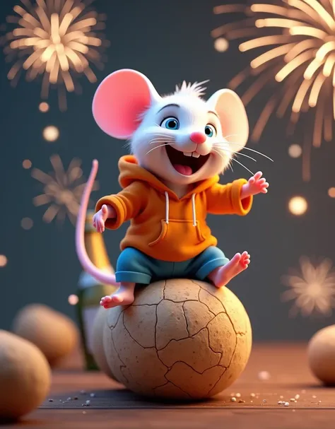 A 3D animated illustration features a cheerful white mouse with large, round ears, bright blue eyes, and a pink nose, sitting atop a textured brown champagne cork. The mouse has an exaggeratedly happy expression with its mouth wide open, showing teeth and ...