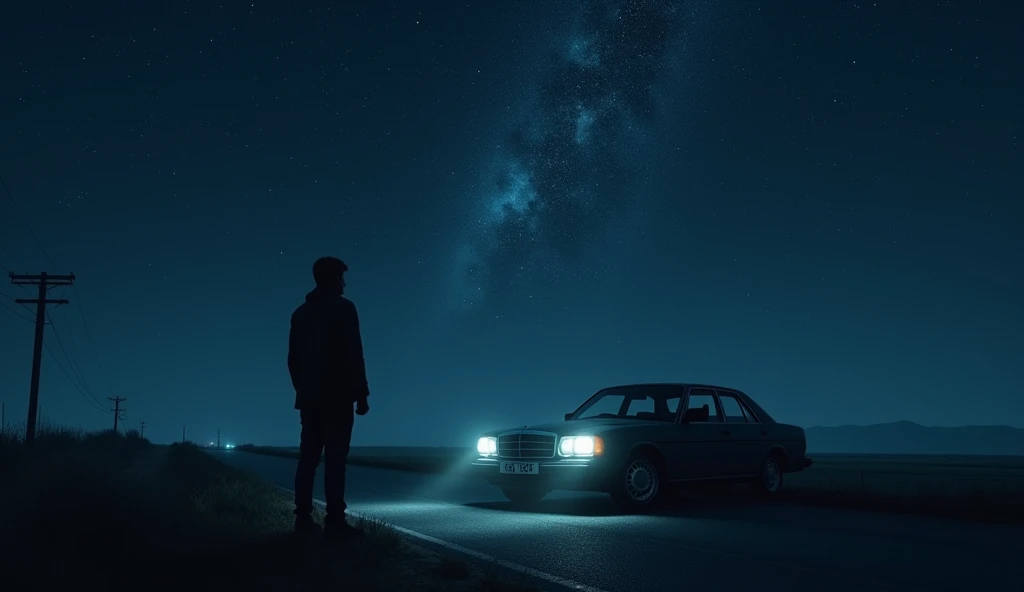 A man standing near a car at night on a road looking up at the sky, dark aspect 