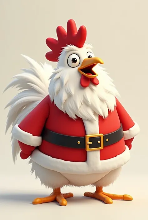 Animated white fat rooster dressed as Santa Claus with an open beak