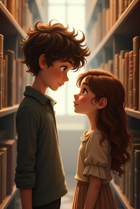 A tall brown-eyed, curly hair boy and a wavy-haired girl make eye contact while standing in the library