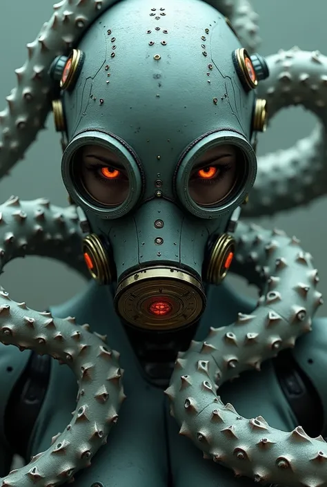 a woman in a gas mask with tentacles around her, beautiful alluring female cyborg, cyberpunk medusa, beautiful cyberpunk woman model, beautiful female cyborg, beautiful cyborg girl pinup, perfect cyborg female, beutiful girl cyborg, gynoid cyborg body, cyb...