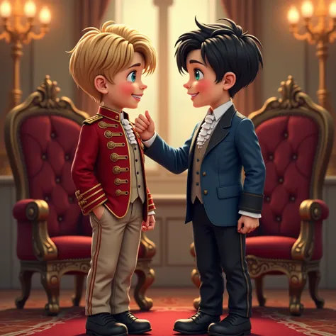  2 hyperrealistic  boys who are smiling ,  Introducing and observing each other in a majestic throne room .  One of them has short blond hair brushed backwards , emerald eyes,  baige pants with gold lines on the sides ,  a red jacket with gold-colored butt...