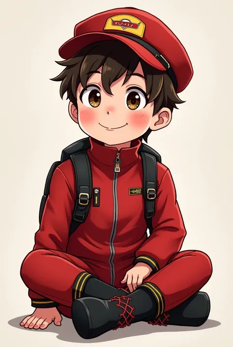  Light-skinned boy sitting in the front ,  with his head slightly on the left side ,  happy expression , brown eyes,  brown hair , red pilot outfit with black details,  black bootie with red threads , red cap with cars logo  