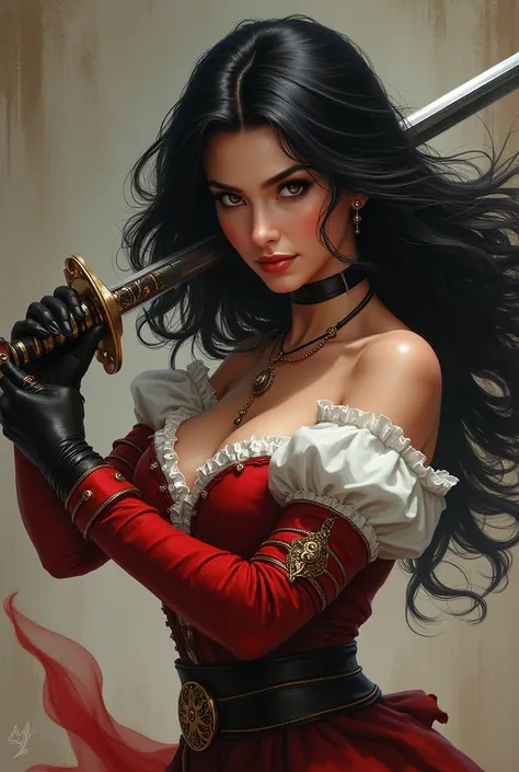 (Spanish woman), knight,  Black long hair ,  cheeky look ,  duelist with rapier, дуэлянт