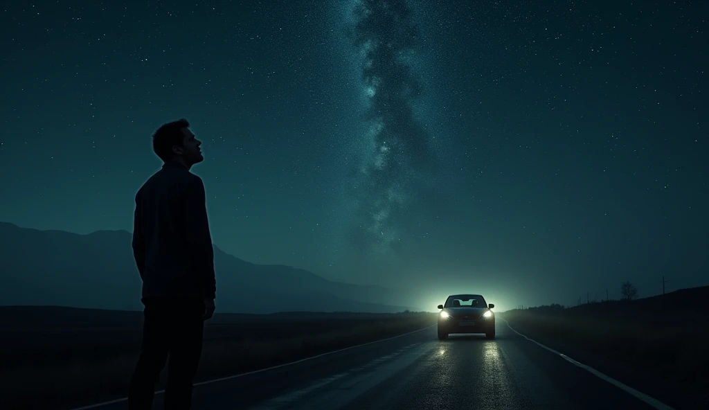 A man standing near a car at night on a road looking up at the sky, dark aspect