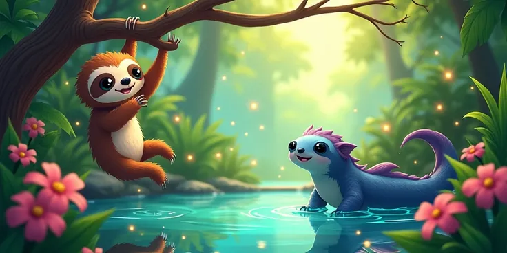 Design a lively and colorful YouTube banner featuring a jungle scene with a baby sloth and an axolotl as the main characters. The sloth is playfully hanging from a branch, and the axolotl is swimming in a crystal-clear pond. Surround them with lush greener...