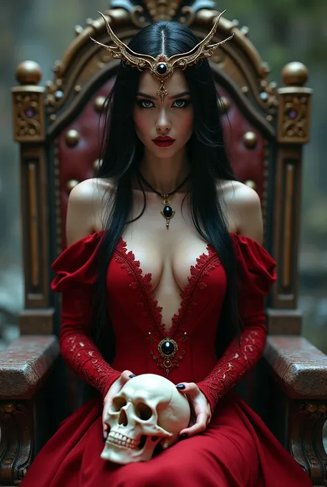 An attractive Fae woman,    25 years,    black hair, long and with some rebellious tufts   ,    perfectly arched eyebrows   , Neon silver eyes  ,   slim body,    but dangerous   ,  Sexy red dress by Fae   ,    with intricate details   , Sitting on a stone ...