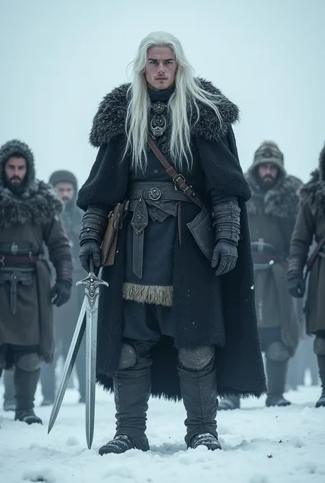 A tall, athletic and handsome young man with long white hair, pale skin, and white eyes, wearing dark fur clothing and holding two swords, surrounded by his soldiers in fur clothing.