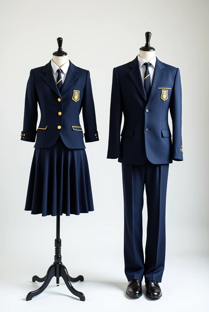 natural view of uniforms for dark blue school students of men and women wearing two mannequins, with small details in yellow , The background of the photo is white or gray ,  the mans mannequin should be slightly taller than the womans and the shoes should...