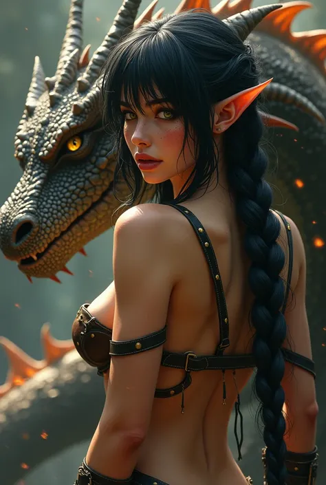  A realistic image of an elf woman with pointed ears of black hair with disheveled bangs and very long braided mane with leather, She is freckled and very attractive ,  she wears a leather strap harness and a thong semidesnuda, ,  she is a warrior and she ...