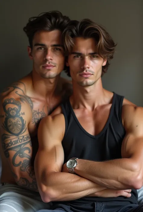 A handsome man, 2 attractive men with a seductive expression, athletic, tattooed,  Sitting inside a room  , Sitting on the bed,  wearing a tank top, silver watch ,  brown hair , crossed arms. siblings.