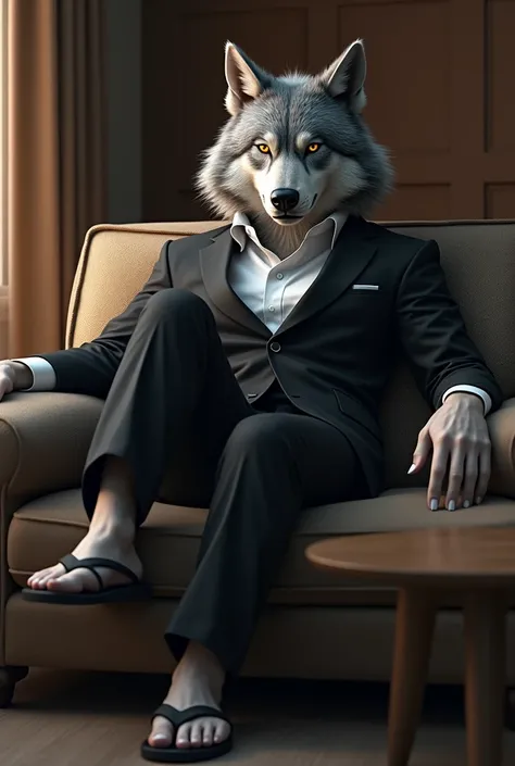 A grey anthropomorphic werewolf, male,  sits on the couch ,  in a formal black business suit , sandals,