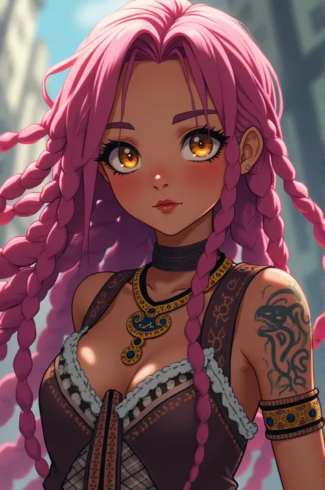  Anime girl with pink dreadlocks and brown skin Inca clothing, Honey eyes tattoo of Scylla on the neck on the left side  