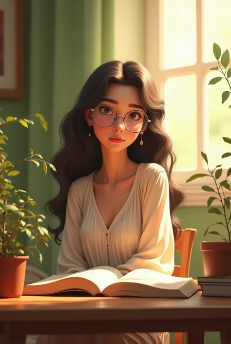  At the heart of a tranquil ,  yet vibrant ,  A beautiful woman with wavy hair and transparent glasses,  and realistic in Disney-Pixar style .  sits serenely behind a wooden table , configuration and an open book on the table .   profoundly serious express...