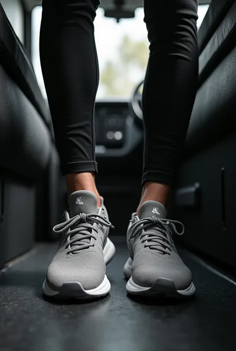 I want some mens feet in nice gray sports shoes inside a black and white van the image
