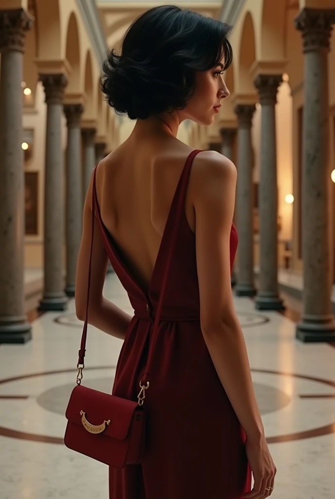 Jeune fille, Turque, belle, cheveux noirs bouclés courts, blanche de peau, photo prise de dos, tenue classique, sac rouge à l’épaule, dans un musée 