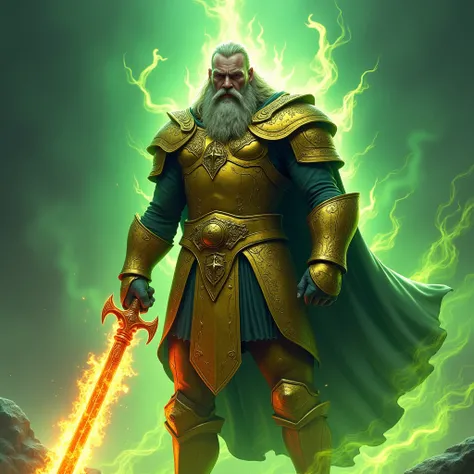 Ragnar with gold armor ,firesword , green fire arc background 