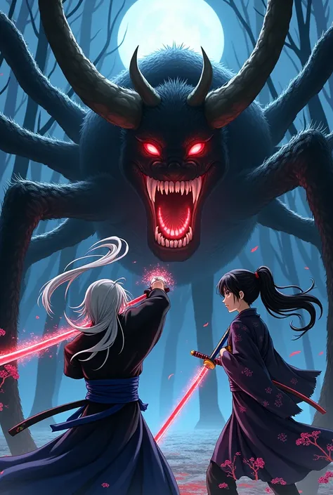 An anime-style illustration of an intense battle between a shinigami ronin and a Jorōgumo against a ferocious Ushi-Oni. The shinigami ronin, with long white hair tied in a ponytail, wearing a black kimono with withered cherry blossom patterns and a blue ha...