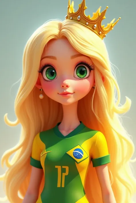  I want an image of a cartoon character,  big hair,  straight hair, blonde, wearing the Brazil shirt, with GREEN EYES , And she has a shiny golden crown 