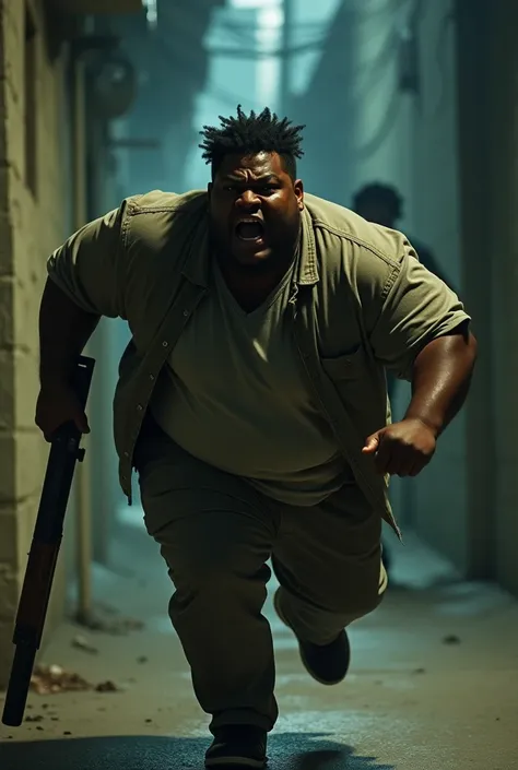  An obese person with a dark complexion running because they are pointing at him, You can see the shotgun-type weapon that is pointed behind him