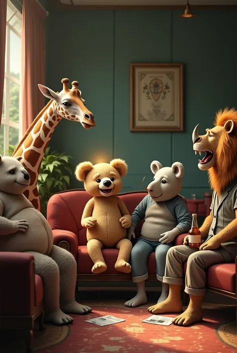 Draw a waiting room in realistic style with five places, from left to right: a tired giraffe with eye socket, a really obese koala, a super happy teddy bear with a gold aura around him, a rhino with an uncut bearb and a bottle of alchool in his hand, a Lio...