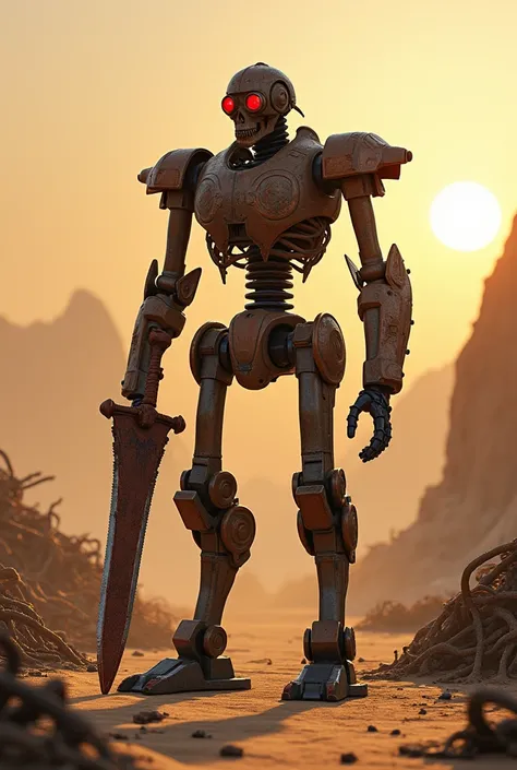 Kenshi rusty skeleton robot standing in dusty desert at the sunrise, holding a rusty sword, behind him can be seen a lot of rusty metal debris