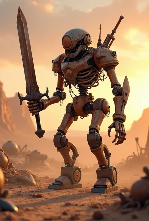 Kenshi rusty skeleton-like made of junk robot standing in dusty desert at the sunrise, holding a rusty sword, behind him can be seen rusty metal debris