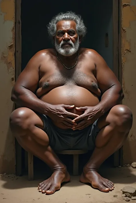 An old black darkskin Senegalese man, 60 years old, very dark, obese, very big belly, sitting with legs spread facing forward.