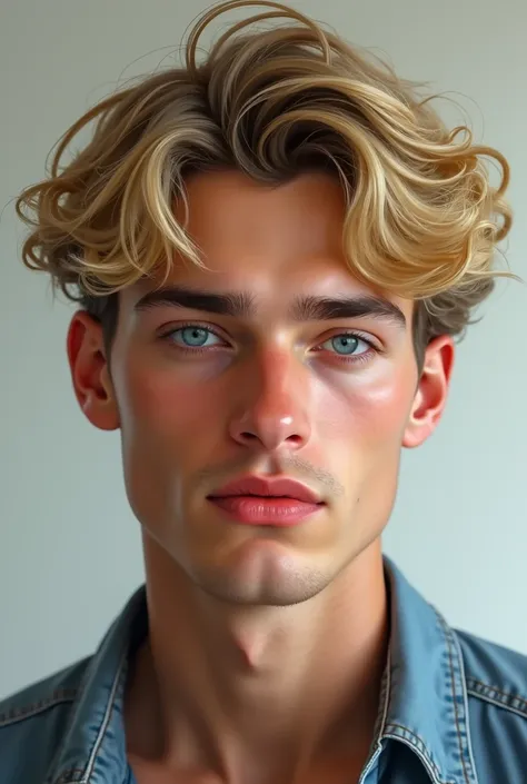 20 year old boy with blonde curly hair,  blue eyes , Defined jaw 