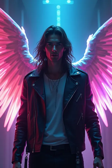 beautiful young man, with long hair, in a leather jacket, wide large neon wings on his back, glow in the dark with all colors, digital art
