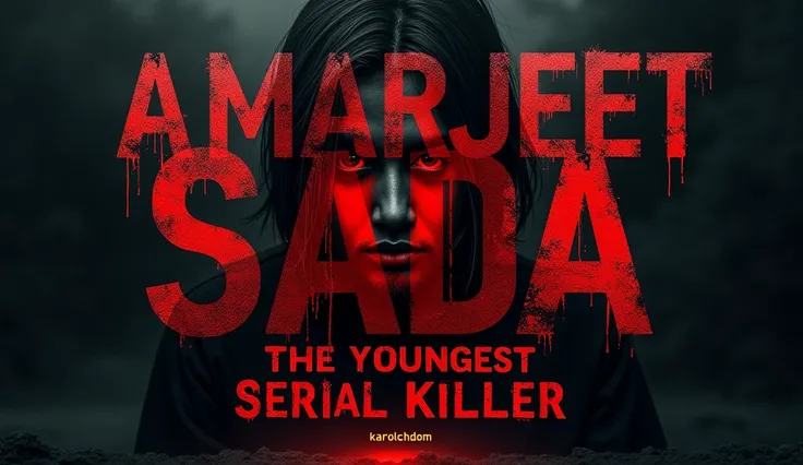 Title (text): in Spanish 
"Amarjeet Sada  :  The Youngest Serial Killer "
(text en rojo oscuro con sombras negras,  giving a disturbing and terrifying effect ).


 Visual design :

1.  dark background:
 A mixture of black shadows and a dark diffuse backgro...