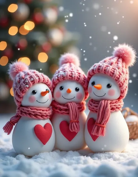 The image you uploaded features three adorable snowmen standing close together, each dressed in a cozy pink knitted hat and matching scarf. They have carrot noses, coal eyes, and small smiles, adding a charming touch to their appearance. Each snowman has a...