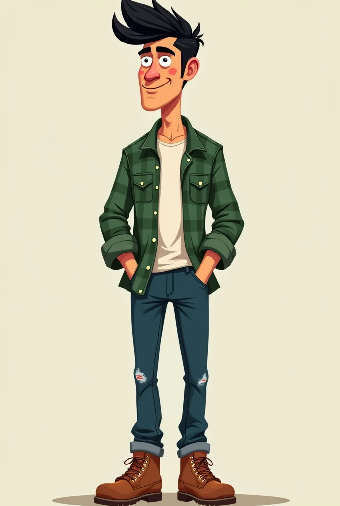  Can you create a male cartoon character who is tall ,  light skin color ,  black hair, And his haircut is Edgar Cut, That his personality is charismatic and flirty and that he is dressed in a long green checkered sleeve shirt and his pants are jeans his s...