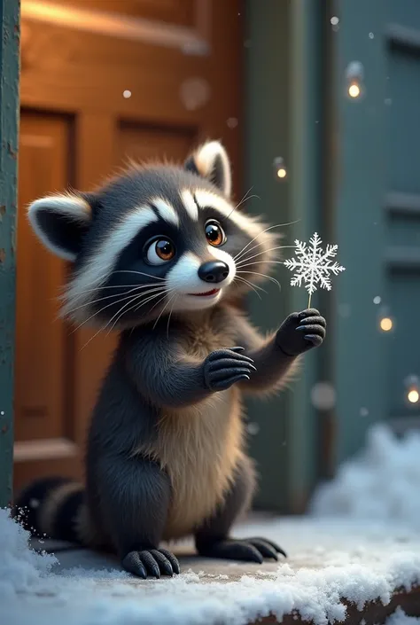 Raccoon gives me a snowflake outside the front door and looks at me