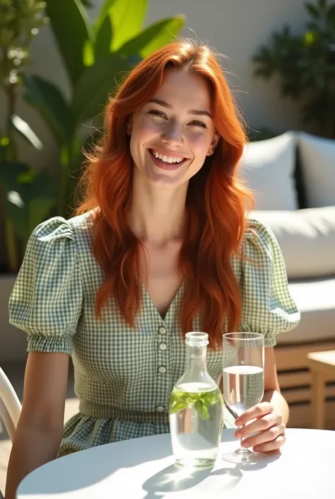  A young woman with long wavy and shiny red hair ,  that fall on her shoulders .  She has fair skin with a radiant smile and perfect teeth .  She wears a summer dress with white and green squares A neckline moderate and puffed sleeves .  She is sitting out...