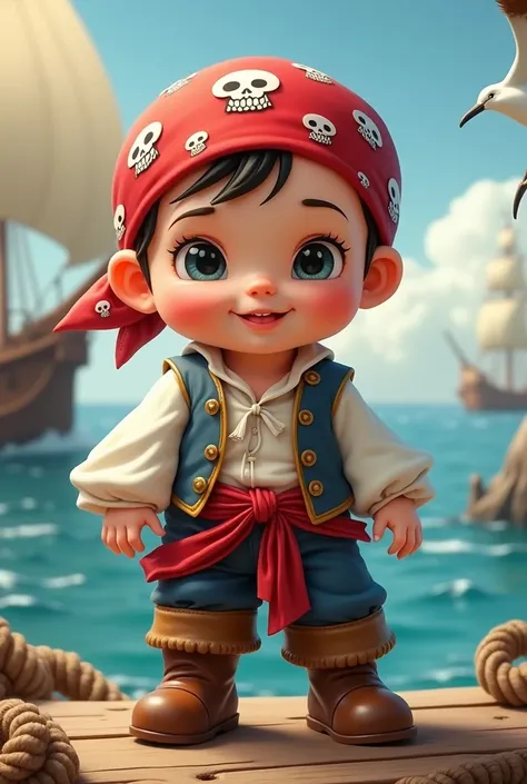 A baby pirate with a red sash, white puffy shirt, tiny leather boots, and a bandana with skull patterns.