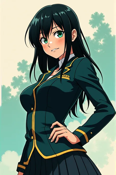  I want you to draw a girl like Boku no Hero Academia, with straight black hair ,  green eyes, Boku no Hero Academias curvy body and uniform 