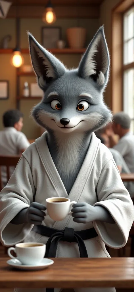 A Happy gray karate coyote enjoying a good and smoky cup of coffee 