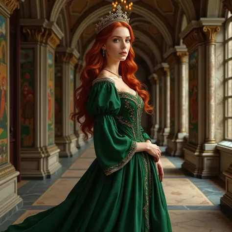 Women with reddish brown hair and a tiara wearing a green tudor style dress standing in the hallway of a castle 