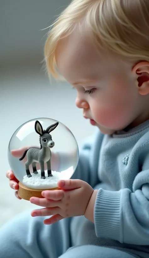  A baby up to two years old , WITH LIGHT BLONDE HAIR,  holding a snow globe in his small hands. Inside the globe,  there is an extremely realistic and adorable miniature donkey ,  with fur detailed in shades of gray and elongated ears , standing on bright ...