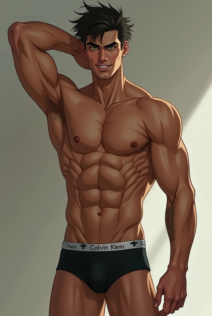 Generate tall man , moreno,  green eyes,  raised arm veins ,  black underwear Calvin Clain , big pau,  has a six-pack but isnt very strong,  but not too thin , Player shell , bonito smile, brave face, with a mischievous smile 