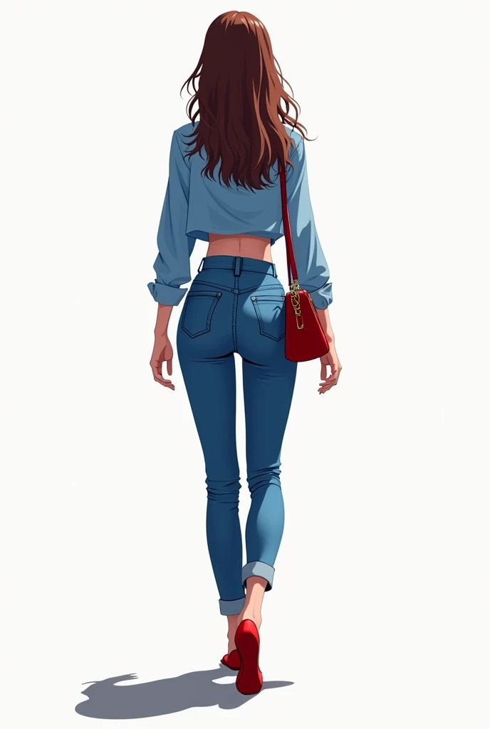 Anime young mature handsome sexy woman wwalking in the street in broad daylight wearing high-waisted blue jeans, red heeled shoes and a long-sleeved blue shirt with a small bag on the shoulderphysique, on a white background, turned forward