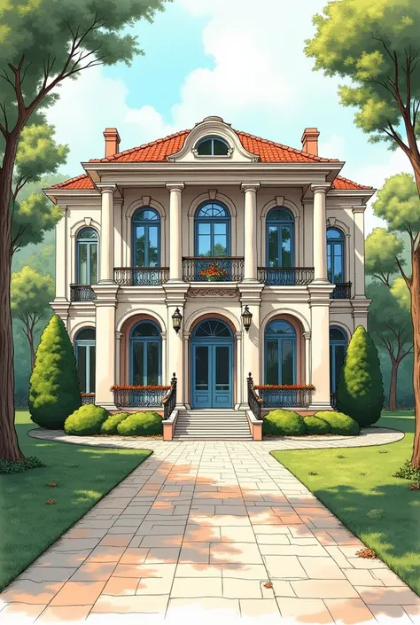  Draw a neoclassical house with two floors with large tall French windows in perspective with two points of vanishing.  The house should be painted picturesquely ,  brightly and should be surrounded by trees , мощения, Plants,  paving that matches the buil...